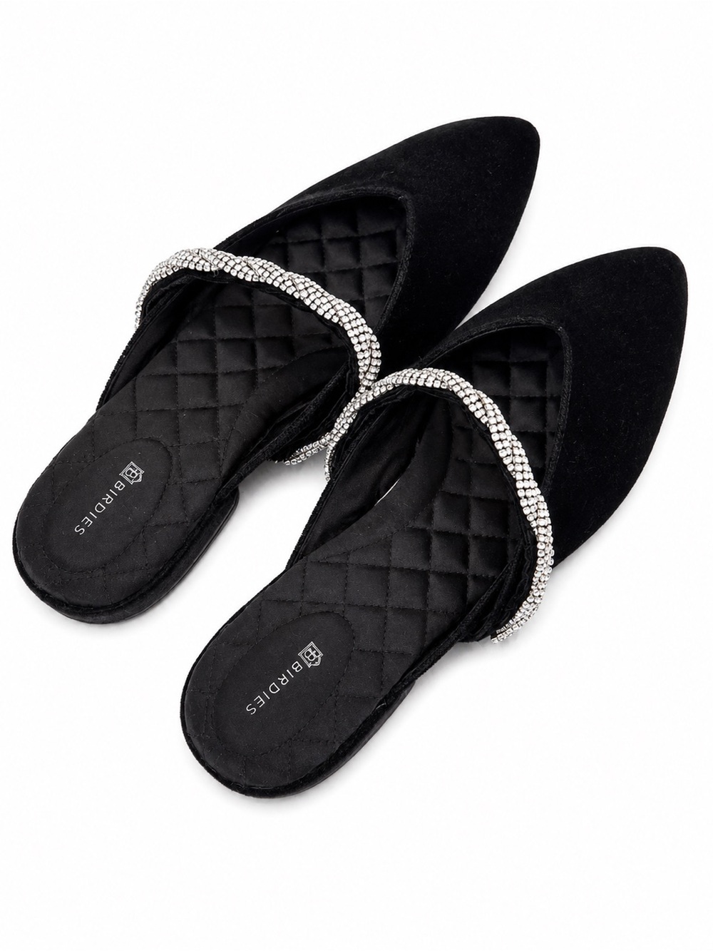 Birdies Black Pointed-Toe Flats with Crystal Buckle